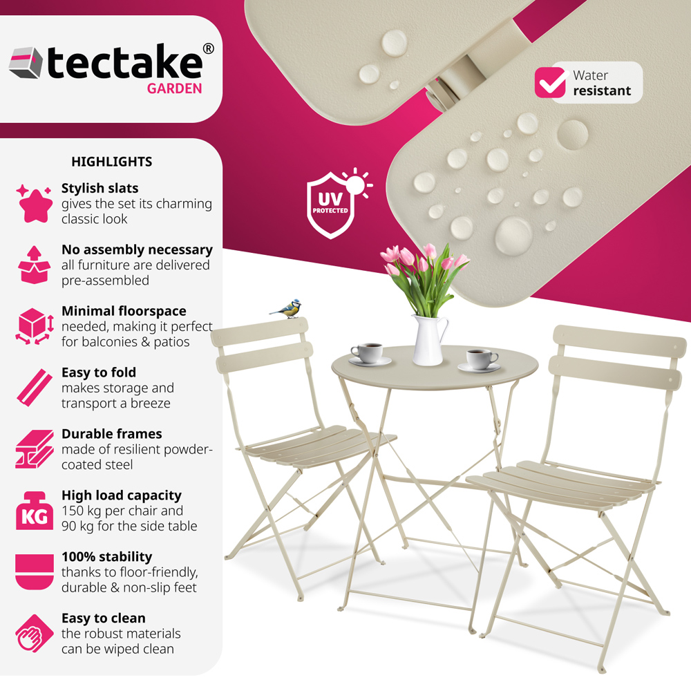 tectake Frieda 2 Seater Cream Folding Bistro Set Image 6