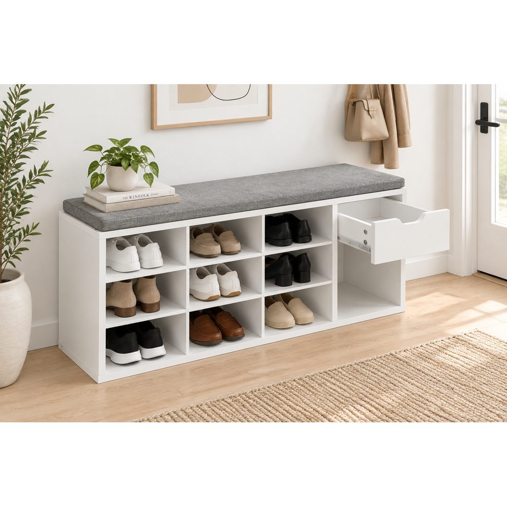 Modcraft Single Drawer 10 Shelf White and Grey Shoe Storage Bench with Cushion Image 4
