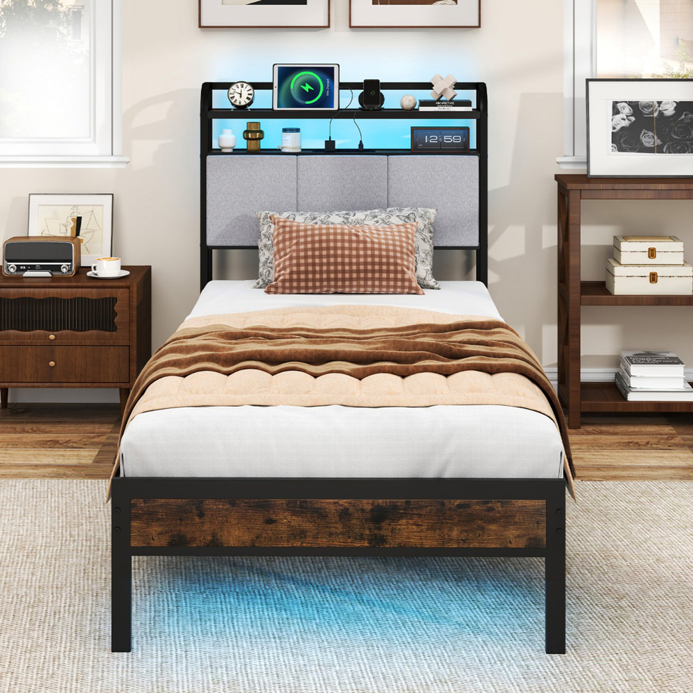 Costway Single Metal Bed Frame with LED and Charging Station Image 3