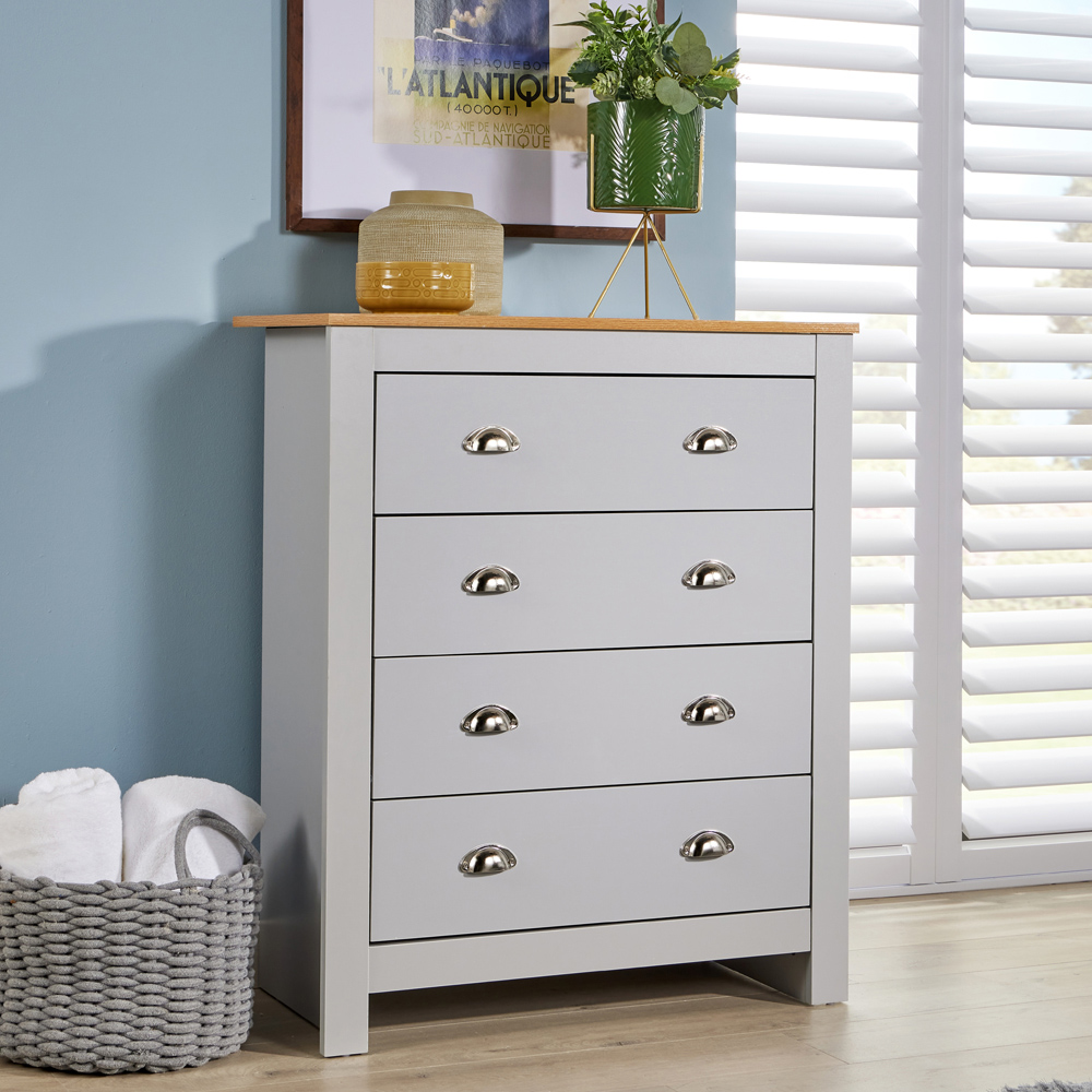 Home Source Camden 4 Drawer Grey Wood Chest of Drawers with Oak Top Image 5