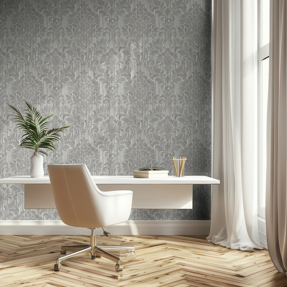 Muriva Theon Ornate Scroll Damask Grey Wallpaper Image 7