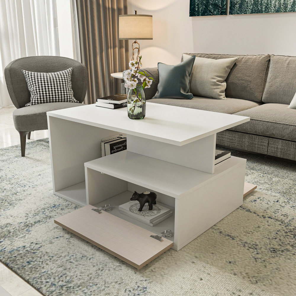Decorotika Mana White and Beige Coffee Table with Shelf and Cabinet Image 5