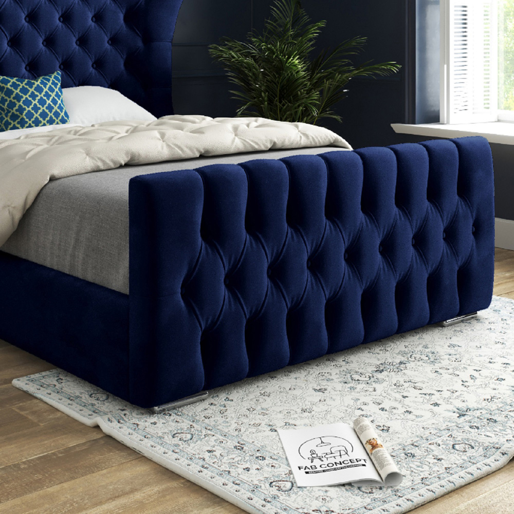 Parma Single Blue Soft Velvet Upholstered Bed Frame with Curved Winged Headboard Image 4