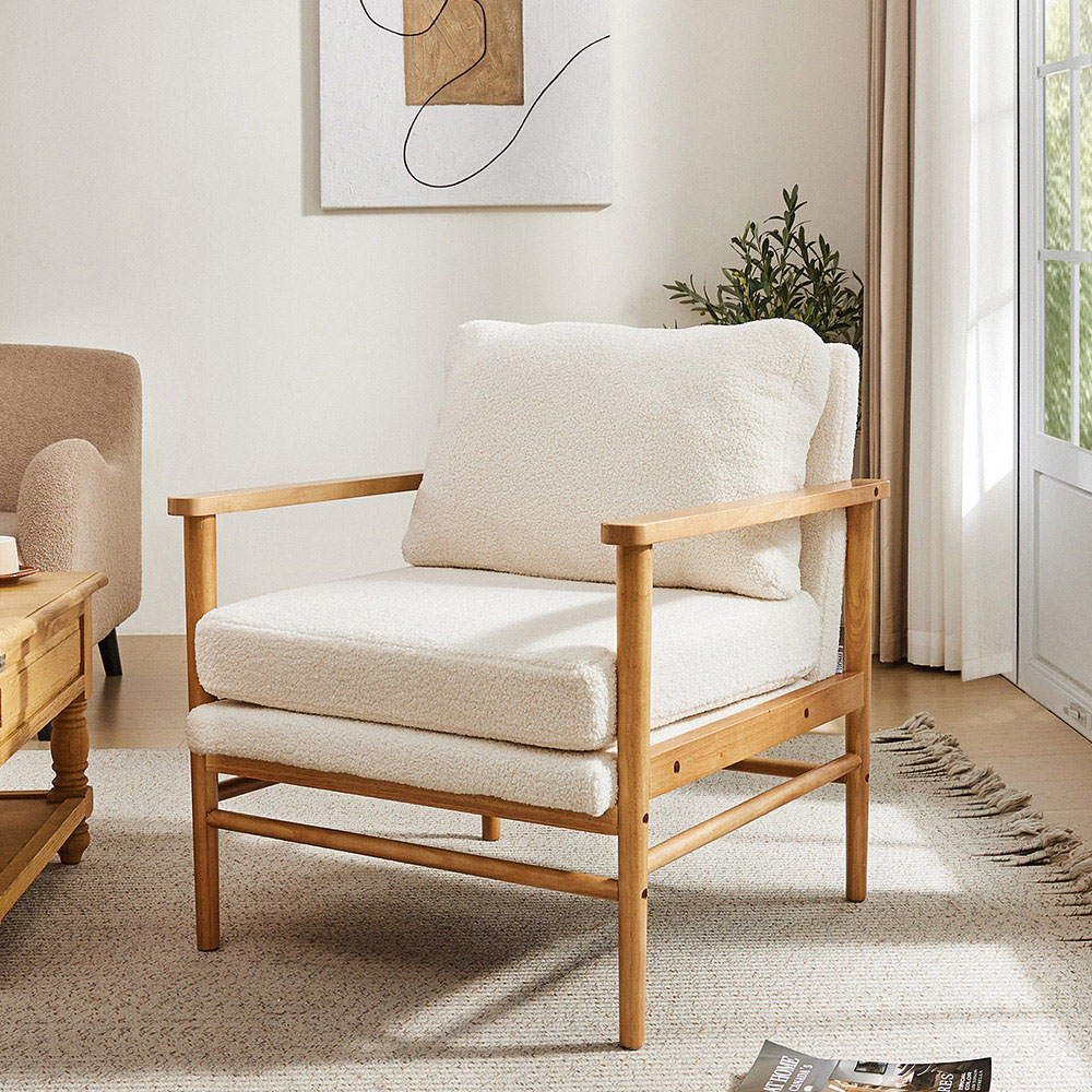 Living and Home White Teddy Bear Fur Wooden Armchair Image 3