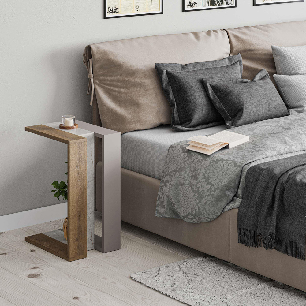 Decortie Muju Mocha Grey Oak and Gold Marble Effect Modern C Shaped Side Table Image 4