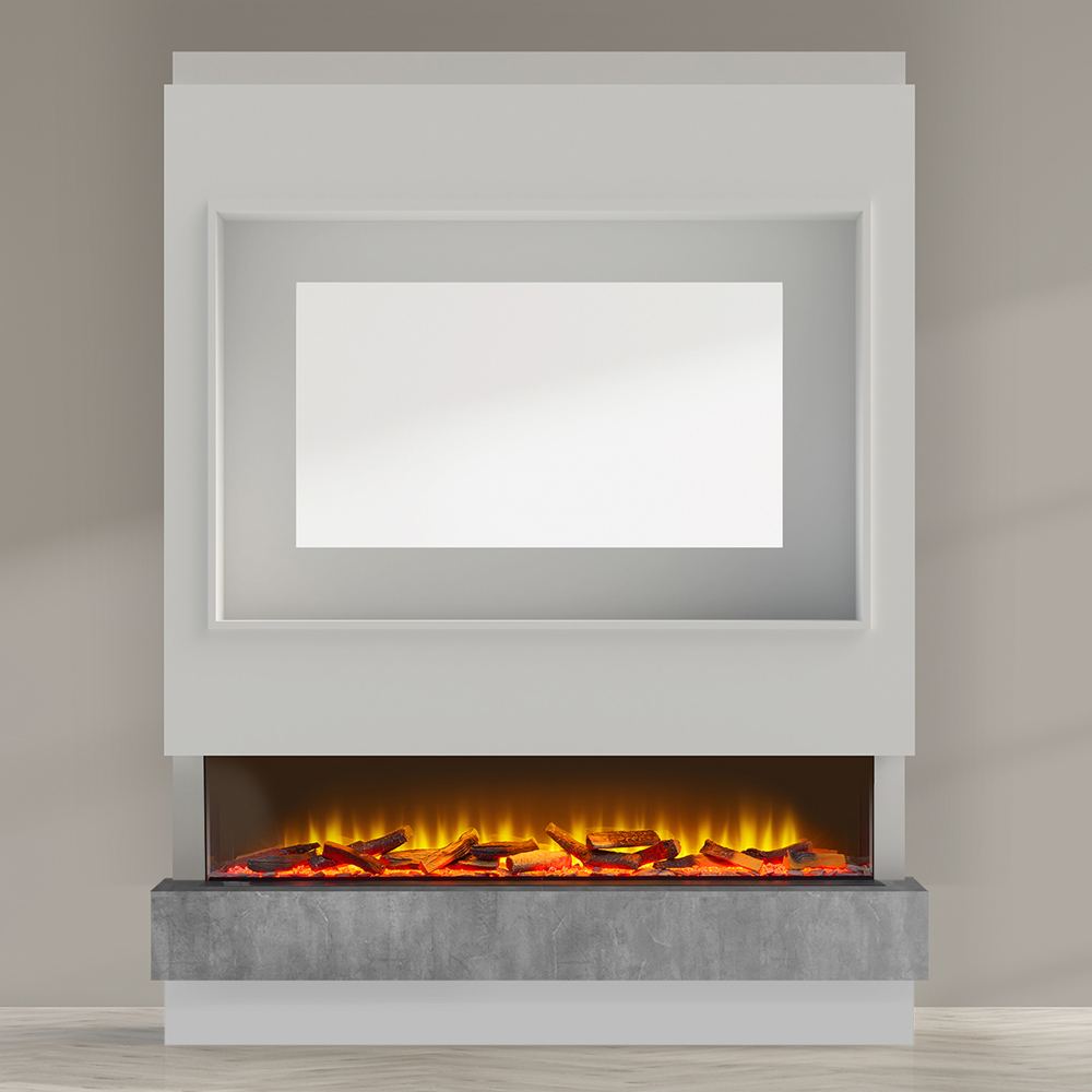 Acantha Matrix Pre-Built White and Concrete Effect Panoramic Media Wall with TV Recess Image 4