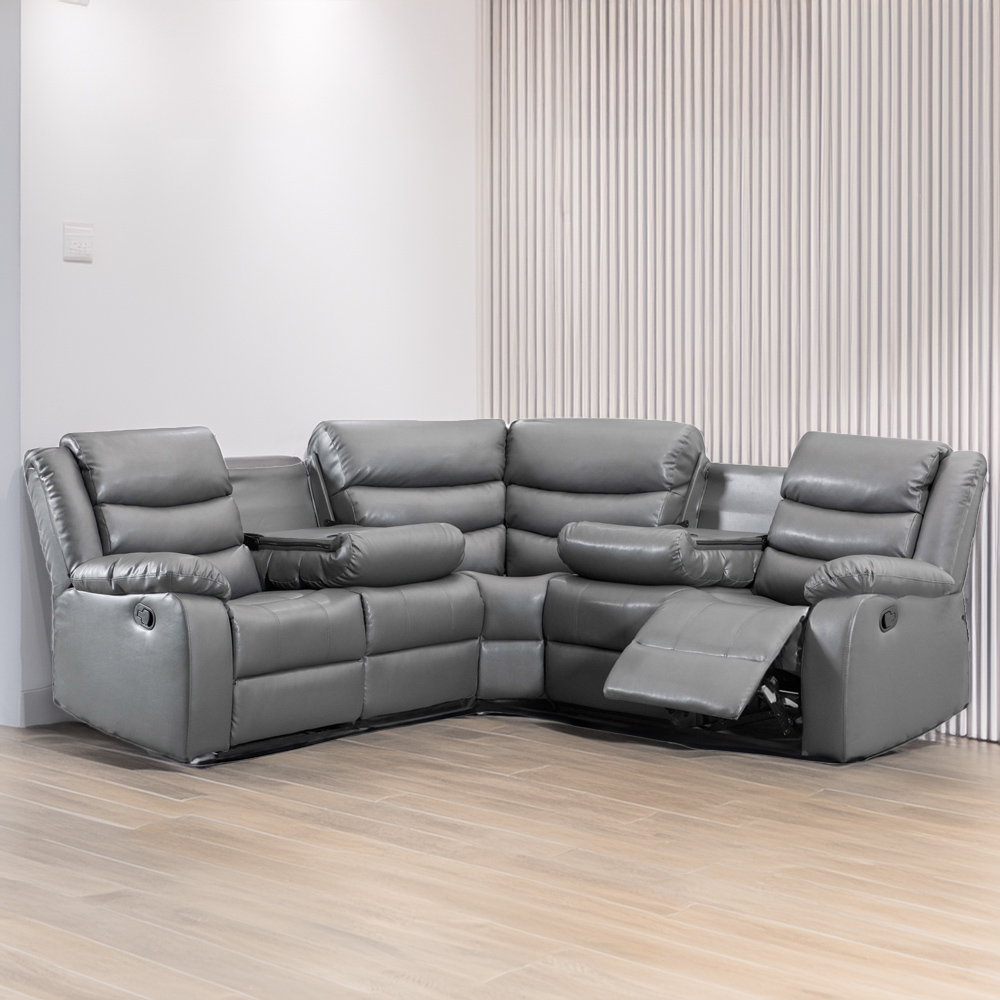 Portland Washington 5 Seater Grey Leather L Shape Recliner Sofa with Drink Tray Image 1