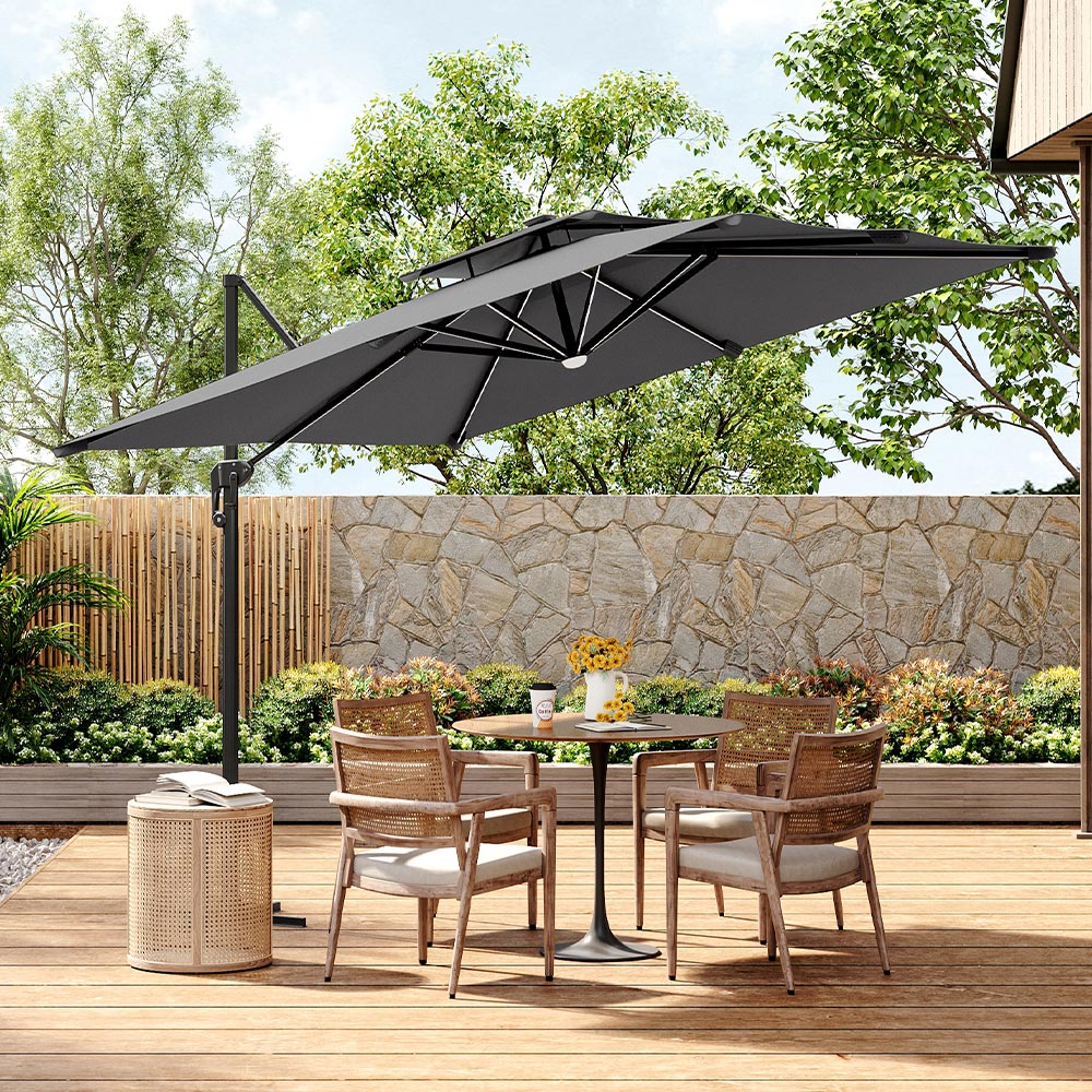 Living and Home Dark Grey LED Square Rotatable Tilt Cantilever Parasol with Cross Base 3m Image 2