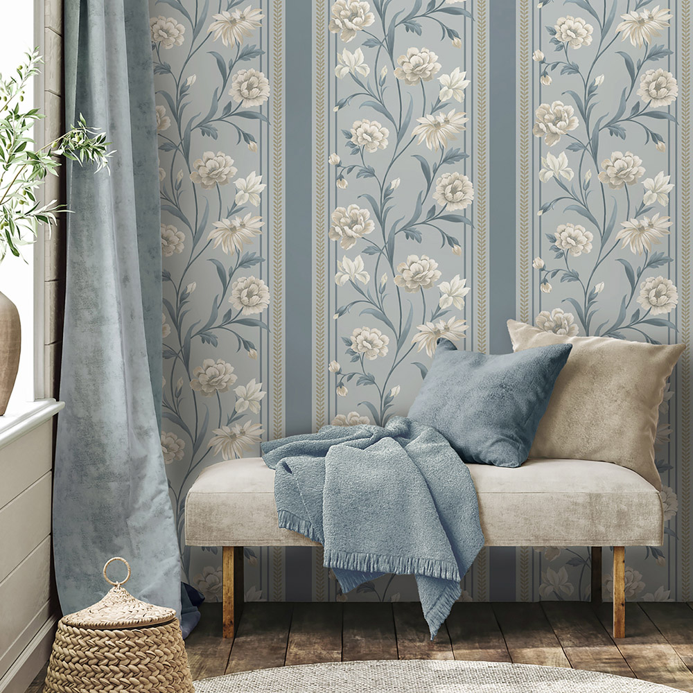 Belgravia Decor Raya Floral Stripe Blue and Cream Wallpaper Image 2