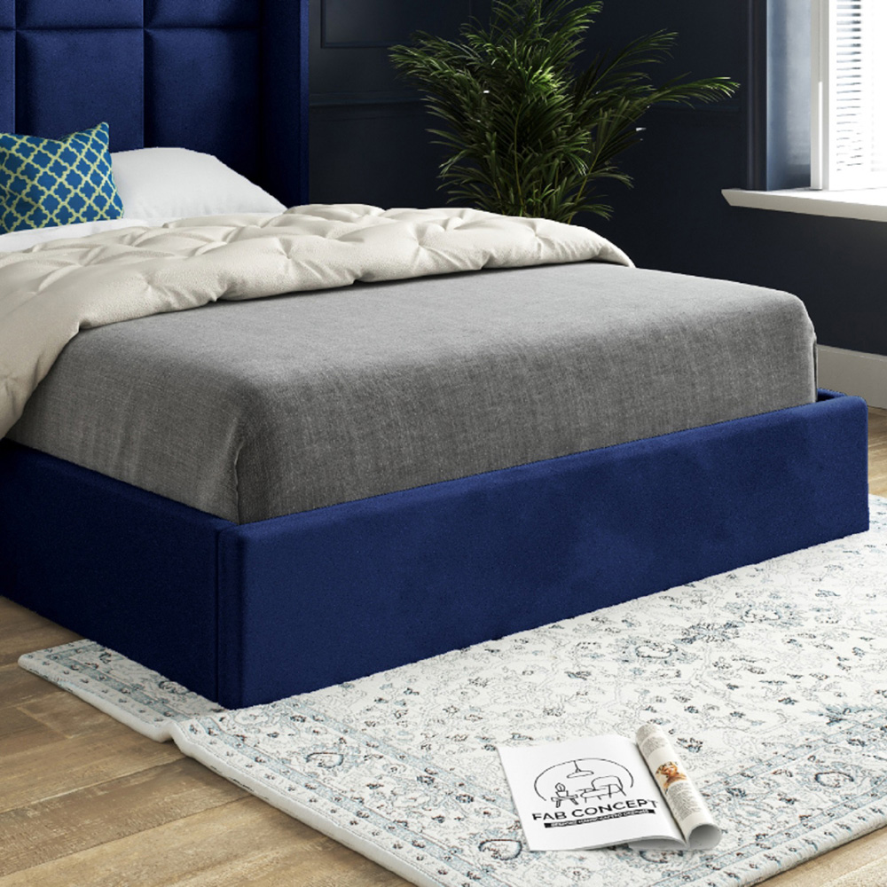 Quanta Double Blue Soft Velvet Upholstered Bed Frame with Straight Winged Headboard Image 4
