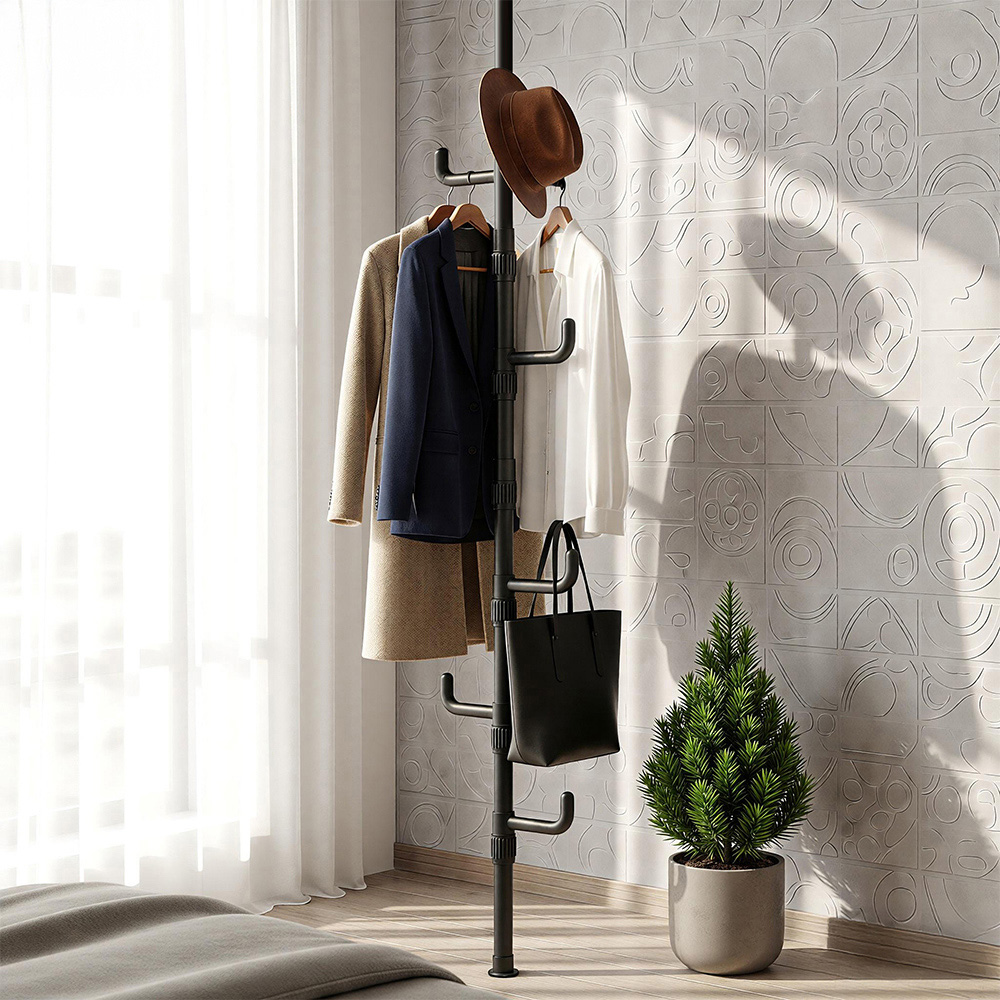 Living and Home Black Adjustable Floor-to-Ceiling Coat Stand with 8 Hooks Image 2