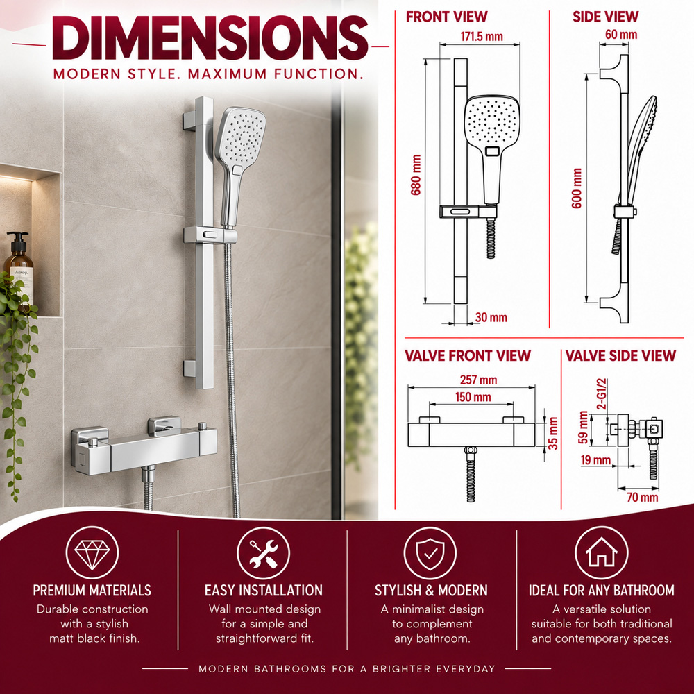 Go Bathrooms AquaFlow Chrome Round Thermostatic Bar Shower Kit Image 6