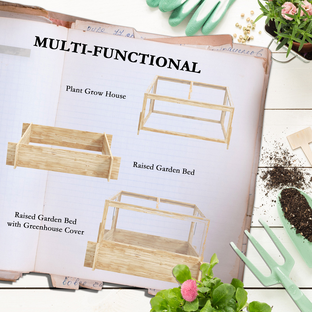 Outsunny Natural Wood Effect Raised Bed Garden Box Planter with Greenhouse Image 4