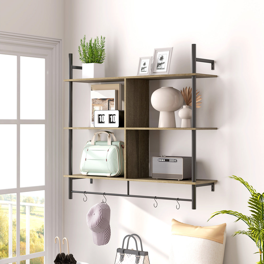 Portland 3 Shelf Grey Wood Effect Wall Unit with 4 Hooks Image 2