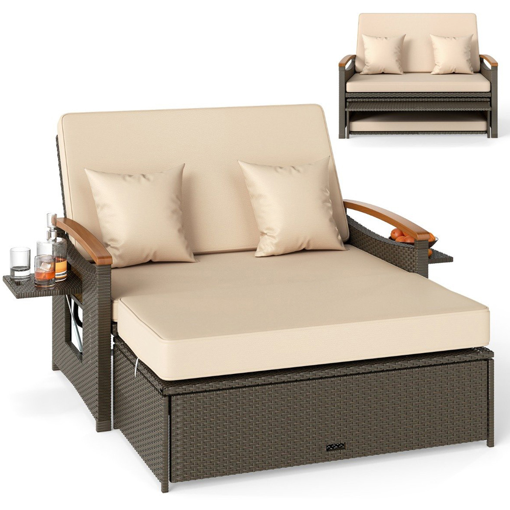 Costway 2 Seater Rattan Woven Daybed with Storage Ottoman Image 2