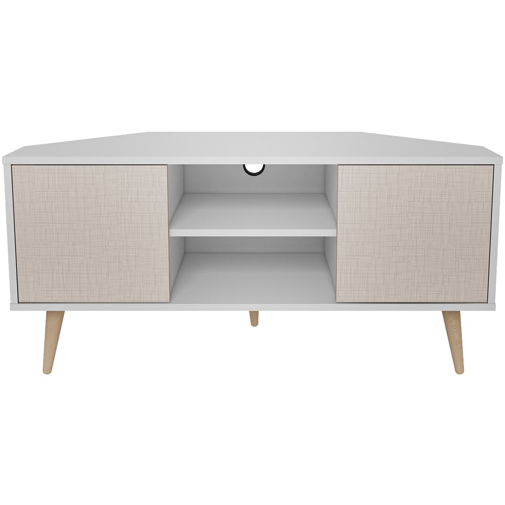 Decorotika Lesson 2 Door 2 Shelf White and Beige Corner TV Stand Image 6