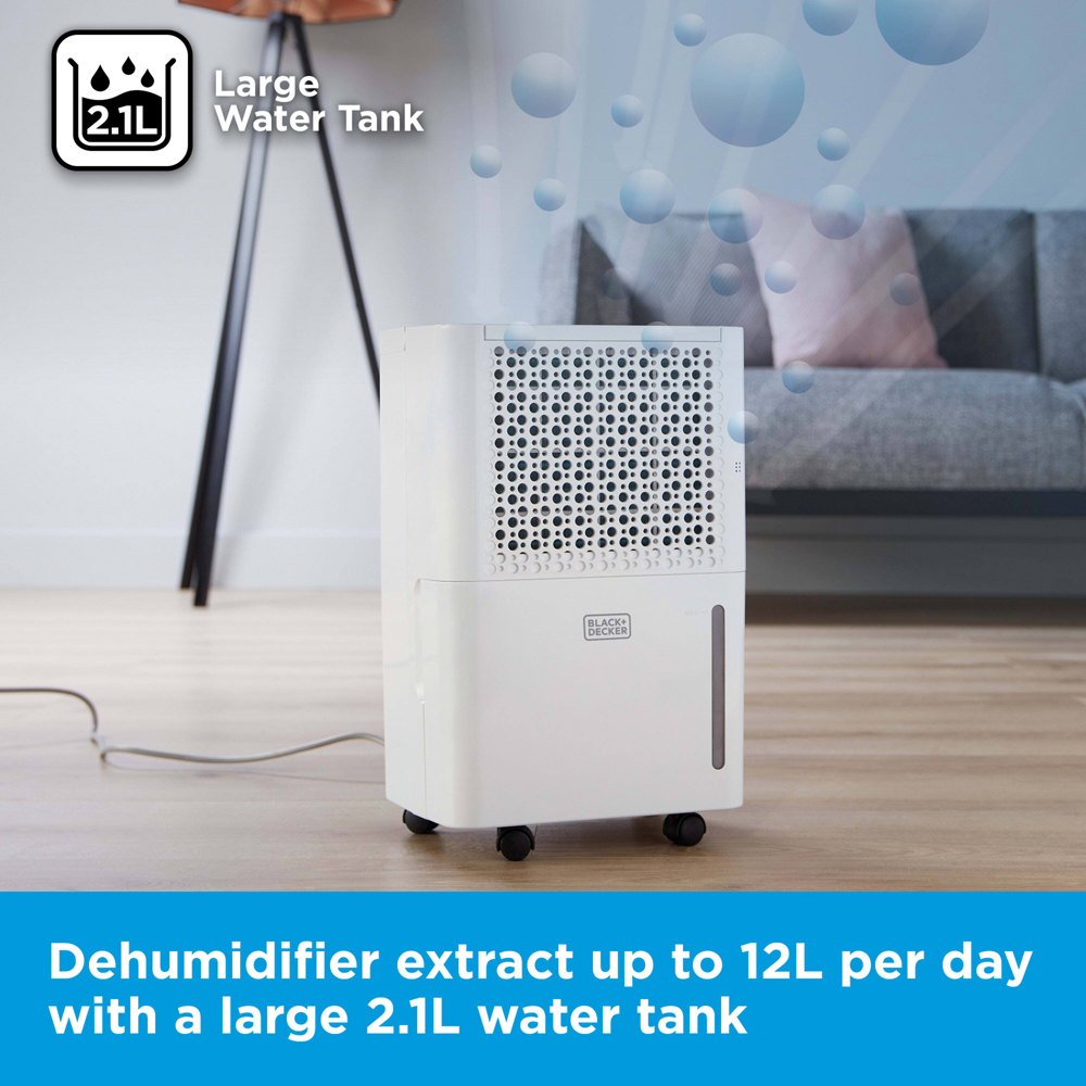 Black+Decker 12L Smart Dehumidifier with 24H Timer and 2.1L Water Tank Image 8
