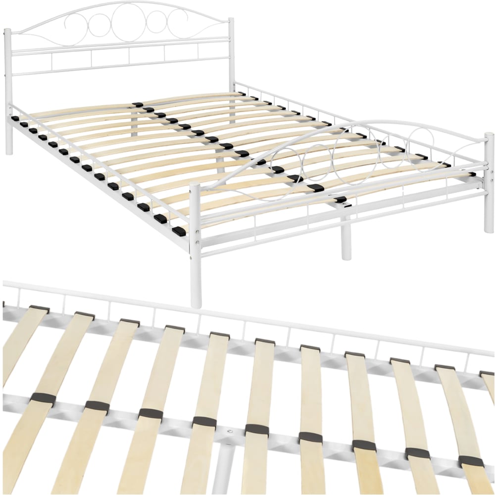tectake Double White Metal Bed Frame with Slatted Base Image 2