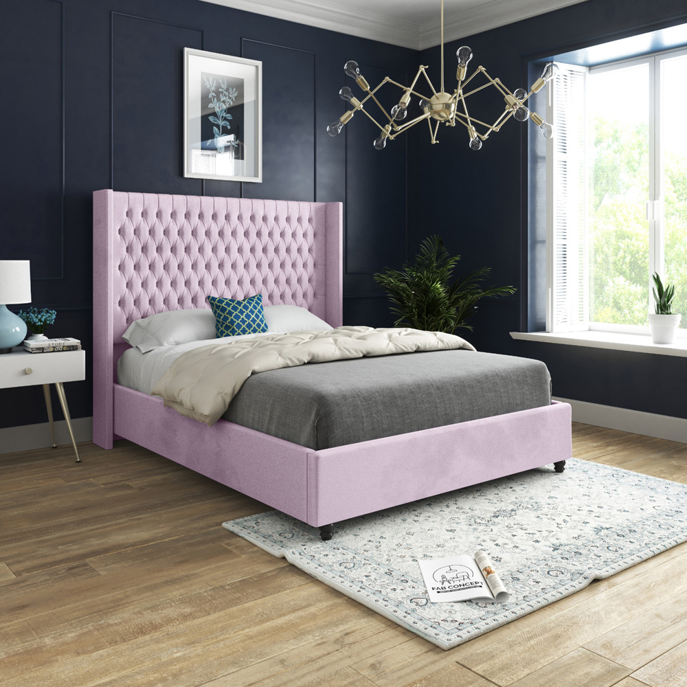 Volta Single Pink Soft Velvet Upholstered Bed Frame with Straight Winged Headboard Image 5