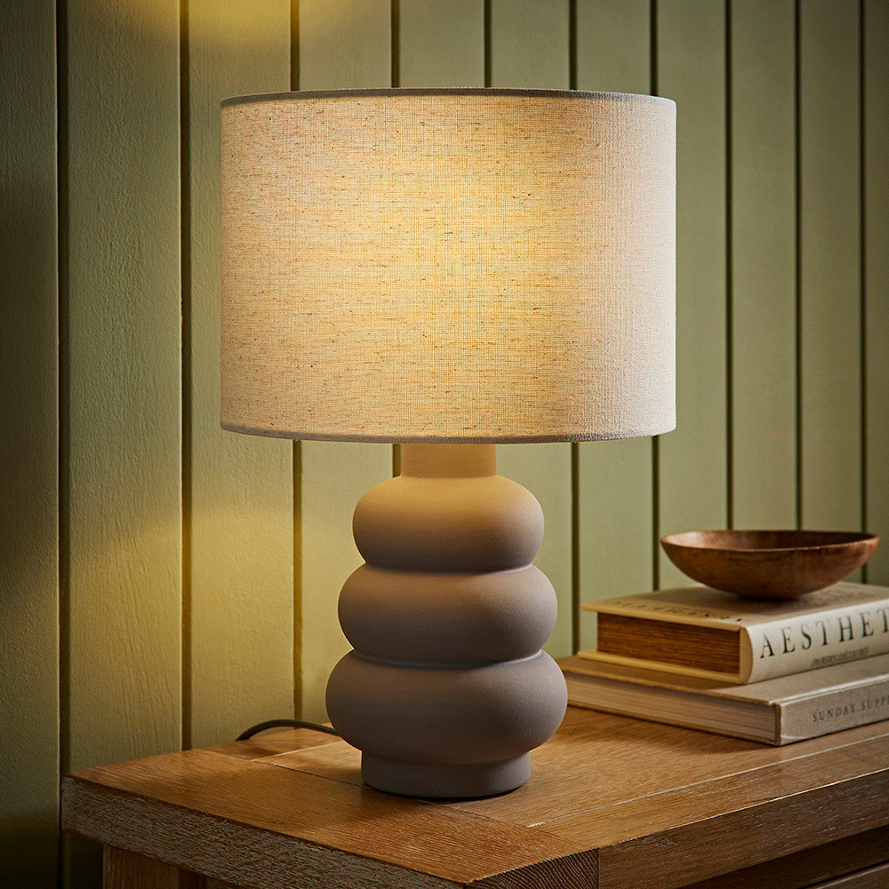 ValueLights Rochelle Natural Linen Drum Shade Grey Bubble Stack Ceramic Table Lamp and Bulb Image 6
