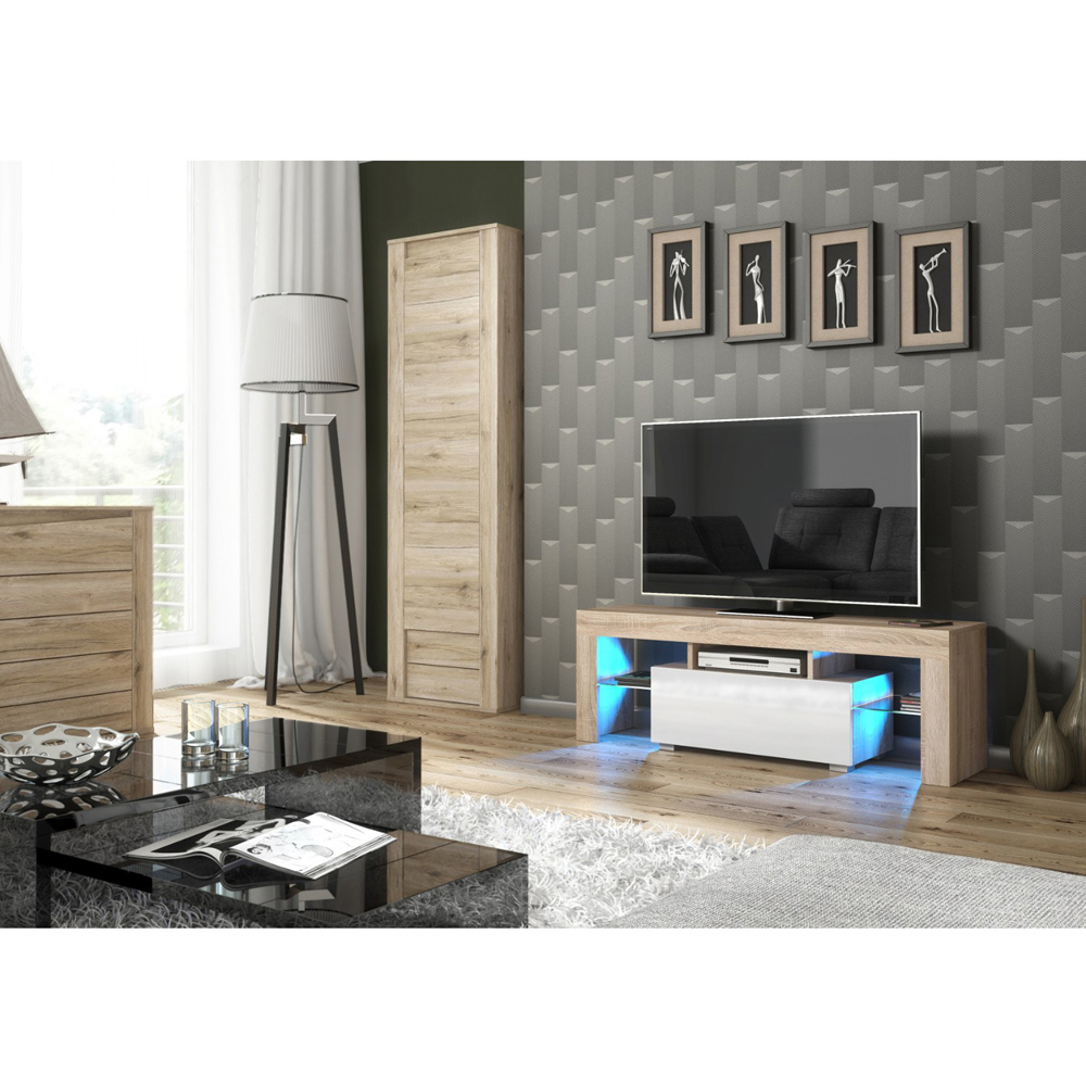 Creative Furniture Floe Oak and White Gloss Single Door 3 Shelf TV Unit with LED Image 5