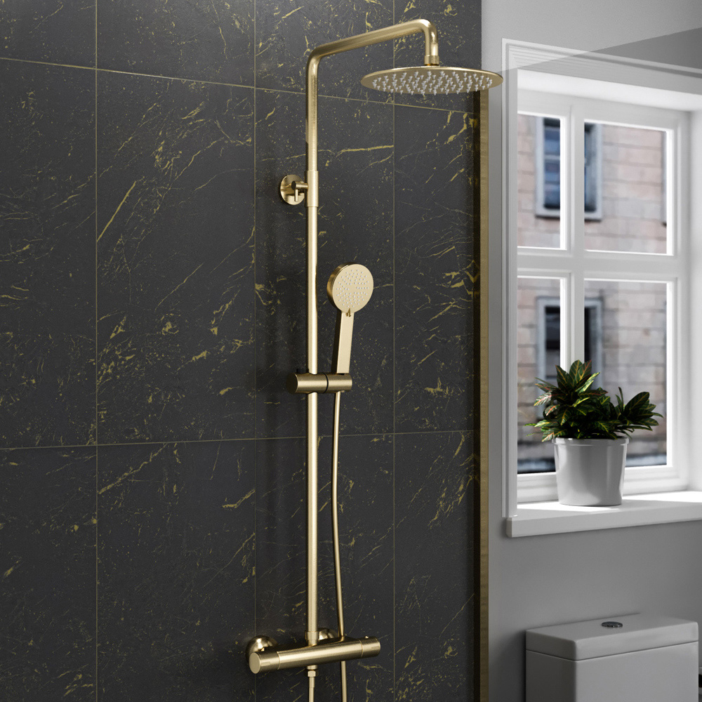 Nes Home Brushed Brass Round Exposed Thermostatic Shower Set Image 2