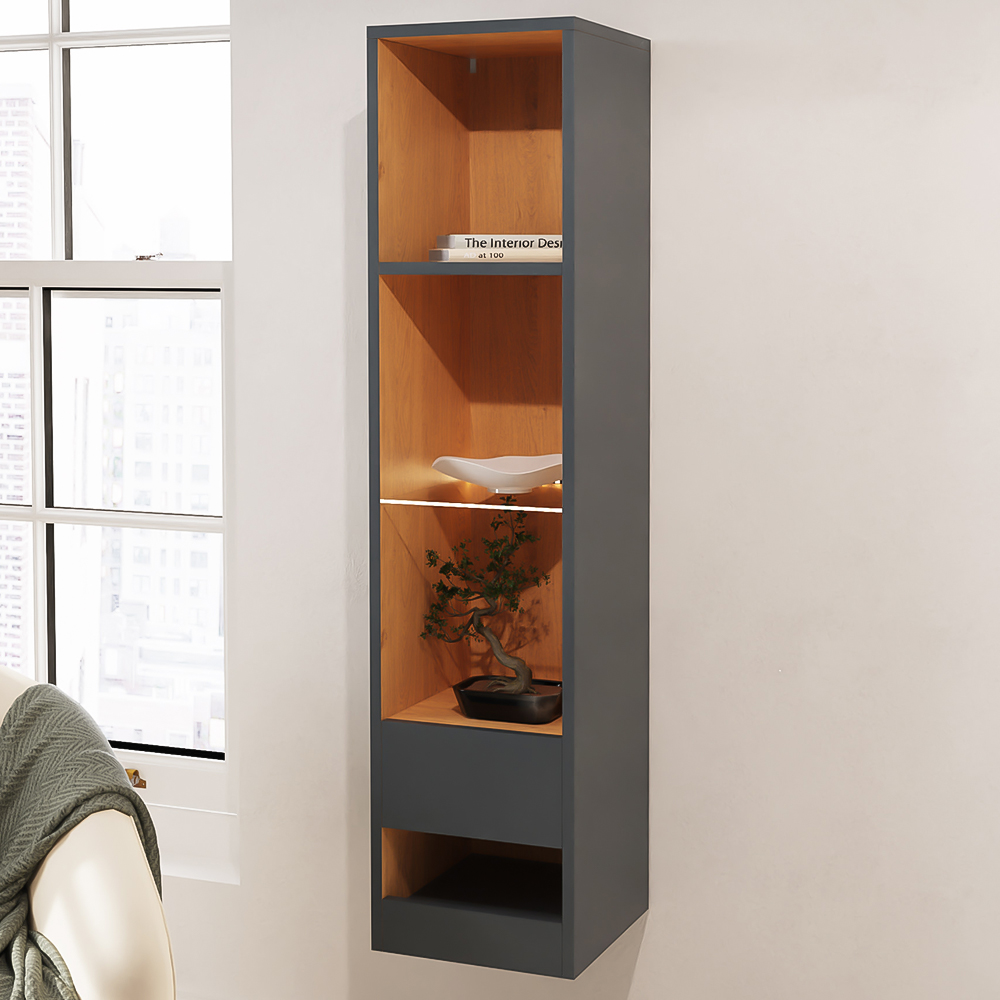 GFW Leon Single Drawer 4 Shelf Anthracite and Oak Tall Bookcase Image 1