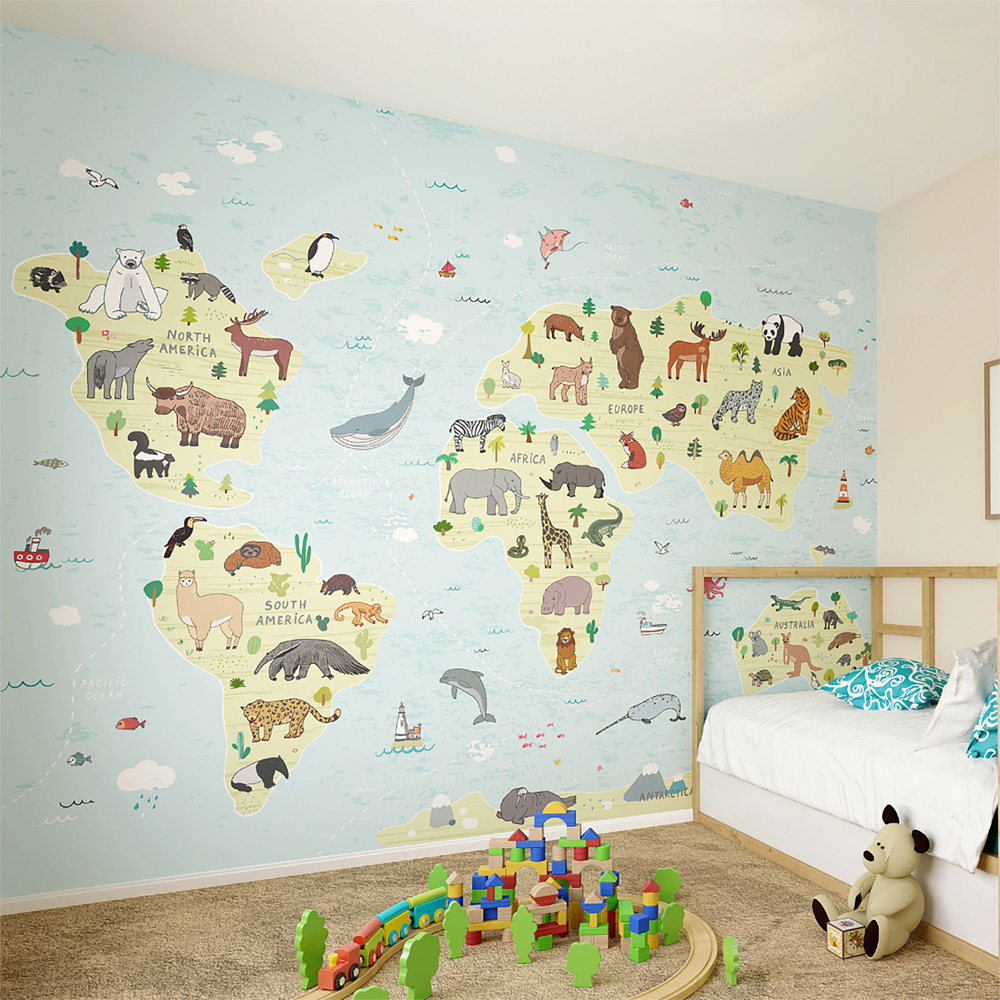 Origin Murals Children's World Map Blue Wall Mural Image 1