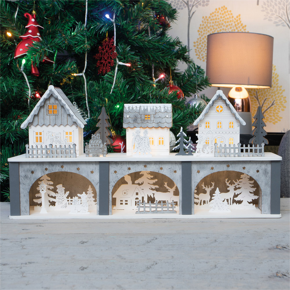 St Helens LED Light White and Grey Wooden Christmas Scenery Image 2