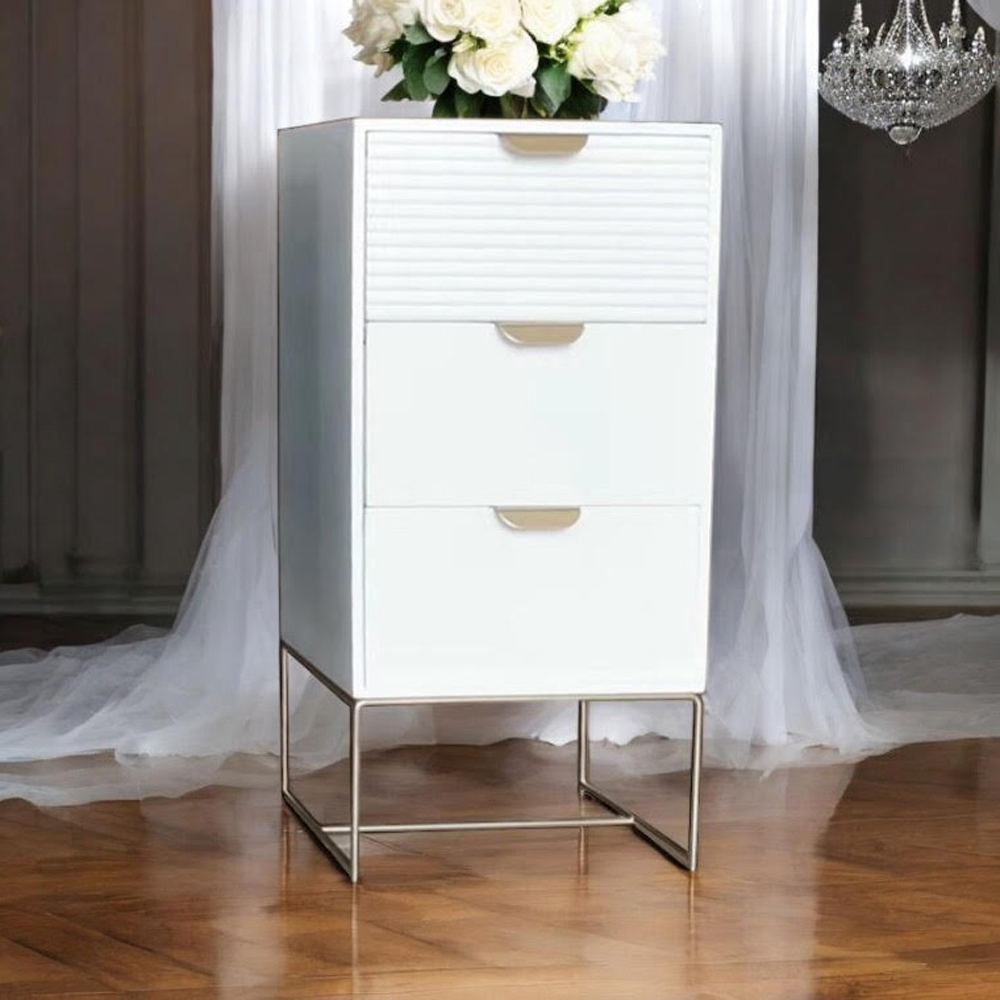 Acacia Home 3 Drawer White Wooden Bedside Table Image 3