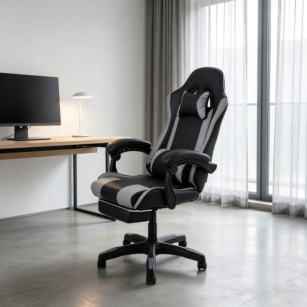 Living and Home Grey and Black Gaming Chair with Footrest Image 7