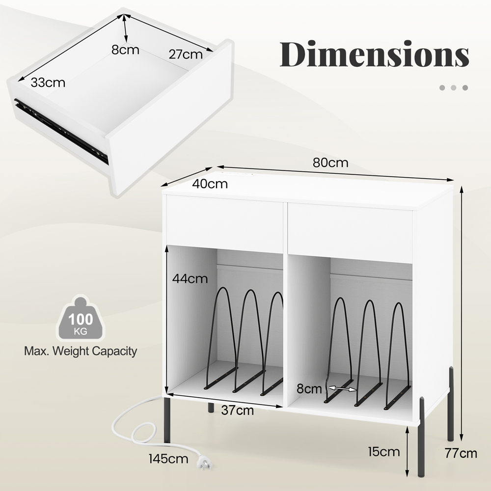 Costway 2 Drawer White Record Player Stand with Power Outlet Image 9