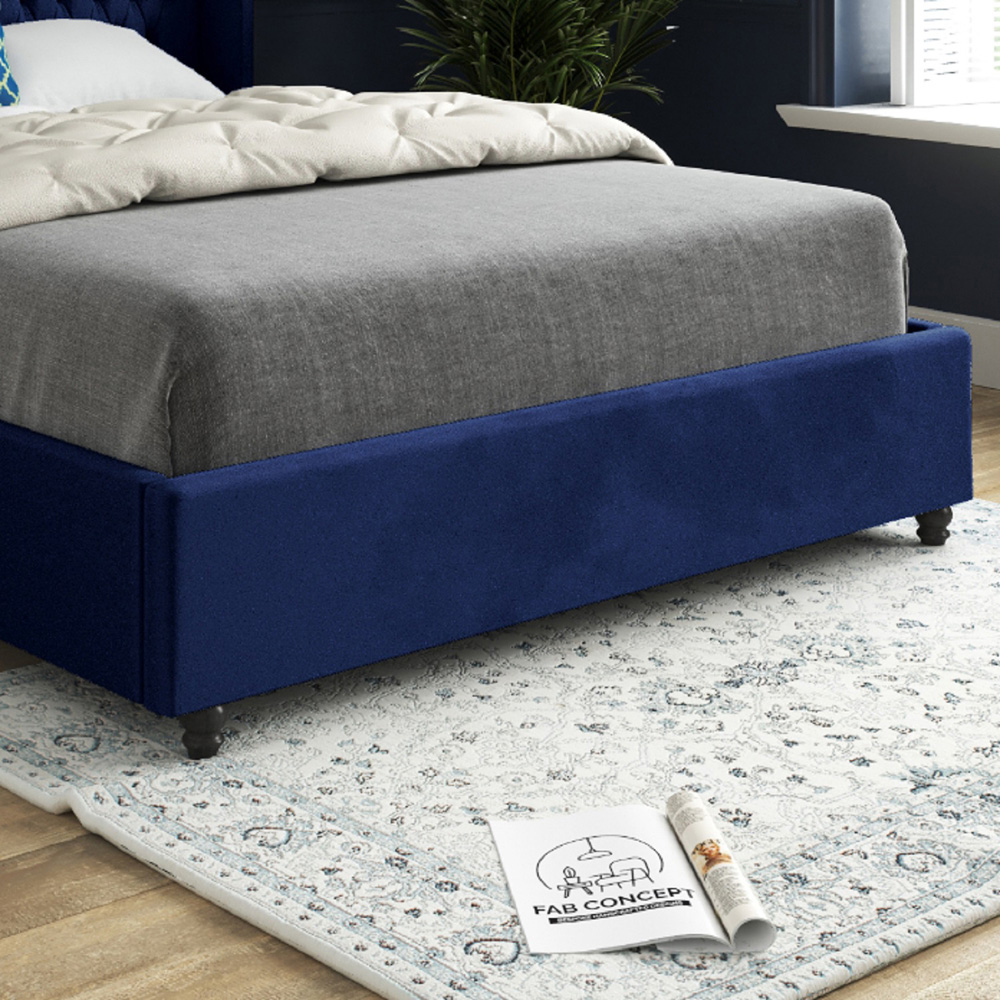 Volta Single Blue Soft Velvet Upholstered Bed Frame with Straight Winged Headboard Image 4