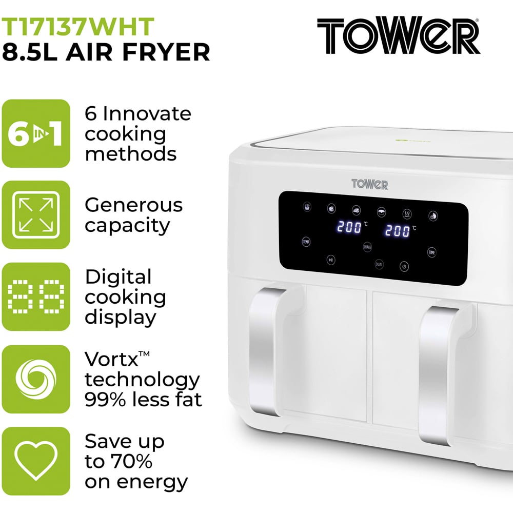 Tower Vortx T17137WHT White Dual Basket Chrome Trim Digital Air Fryer 8.5L Image 2
