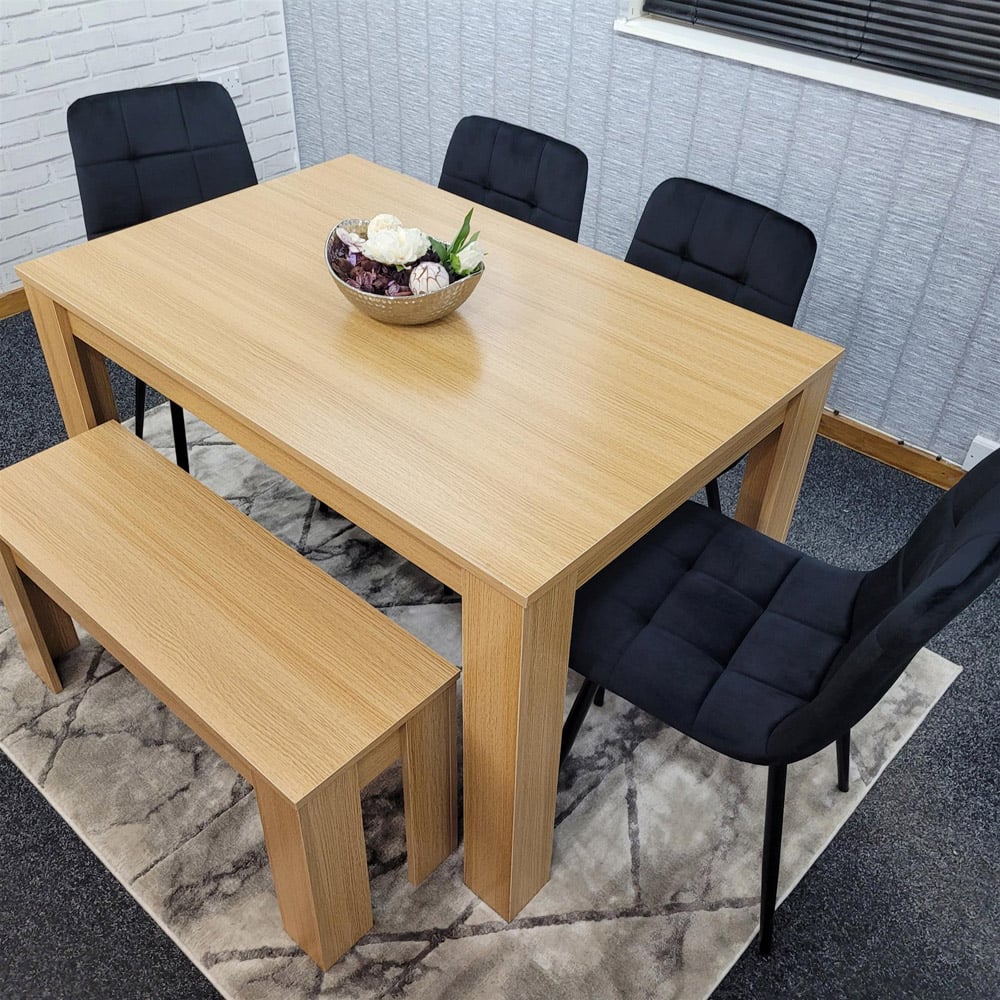 Portland 6 Seater Square Velvet Dining Table Set Oak Effect and Black Image 5
