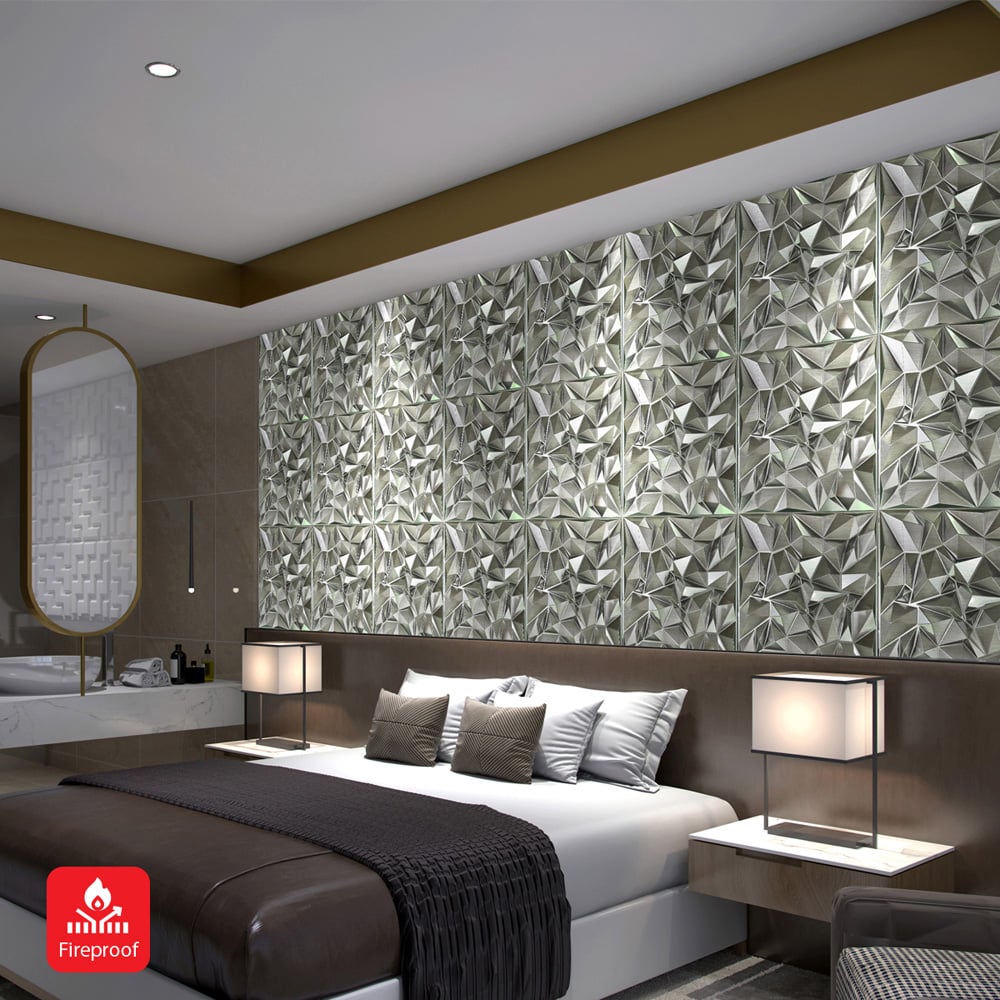 Britwall 3D Silver Faceted Diamond PVC Wall Panel 500 x 500 x 1mm 4 Pack Image 5