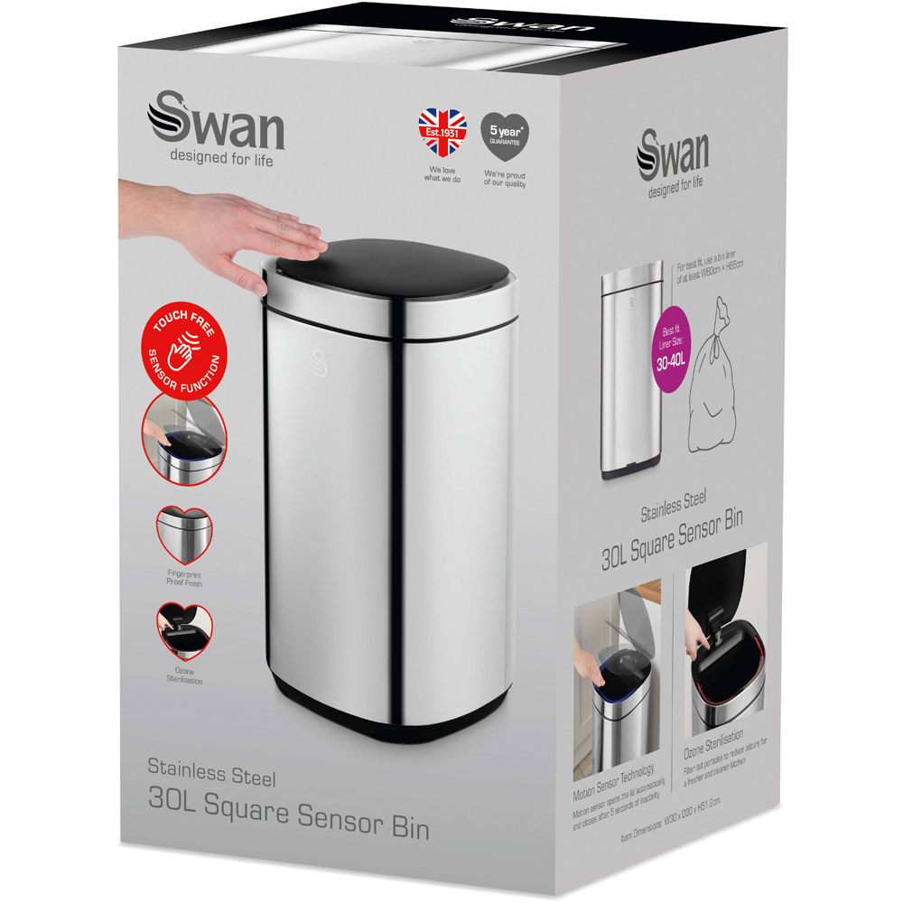 Swan Silver Stainless Steel Square Sensor Bin 30L Image 2