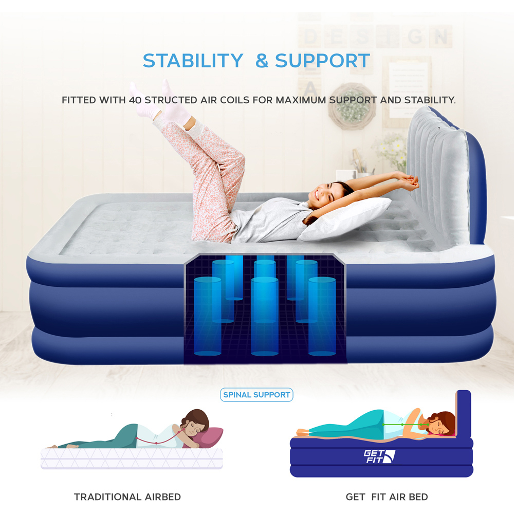 Get Fit Navy and White King Size Inflatable Air Bed with Built-in Electric Pump and Headboard Image 6