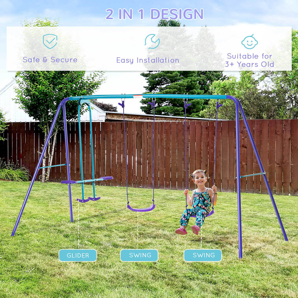 Outsunny Green Metal 2 Swings and Seesaw Play Set Image 5