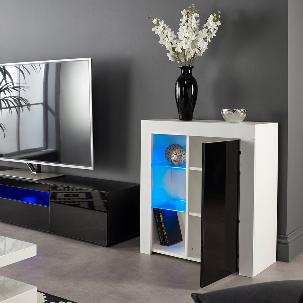 MMT Furniture Designs Single Door 3 Shelf Matt Gloss White and Black Modern Sideboard with LED Image 5