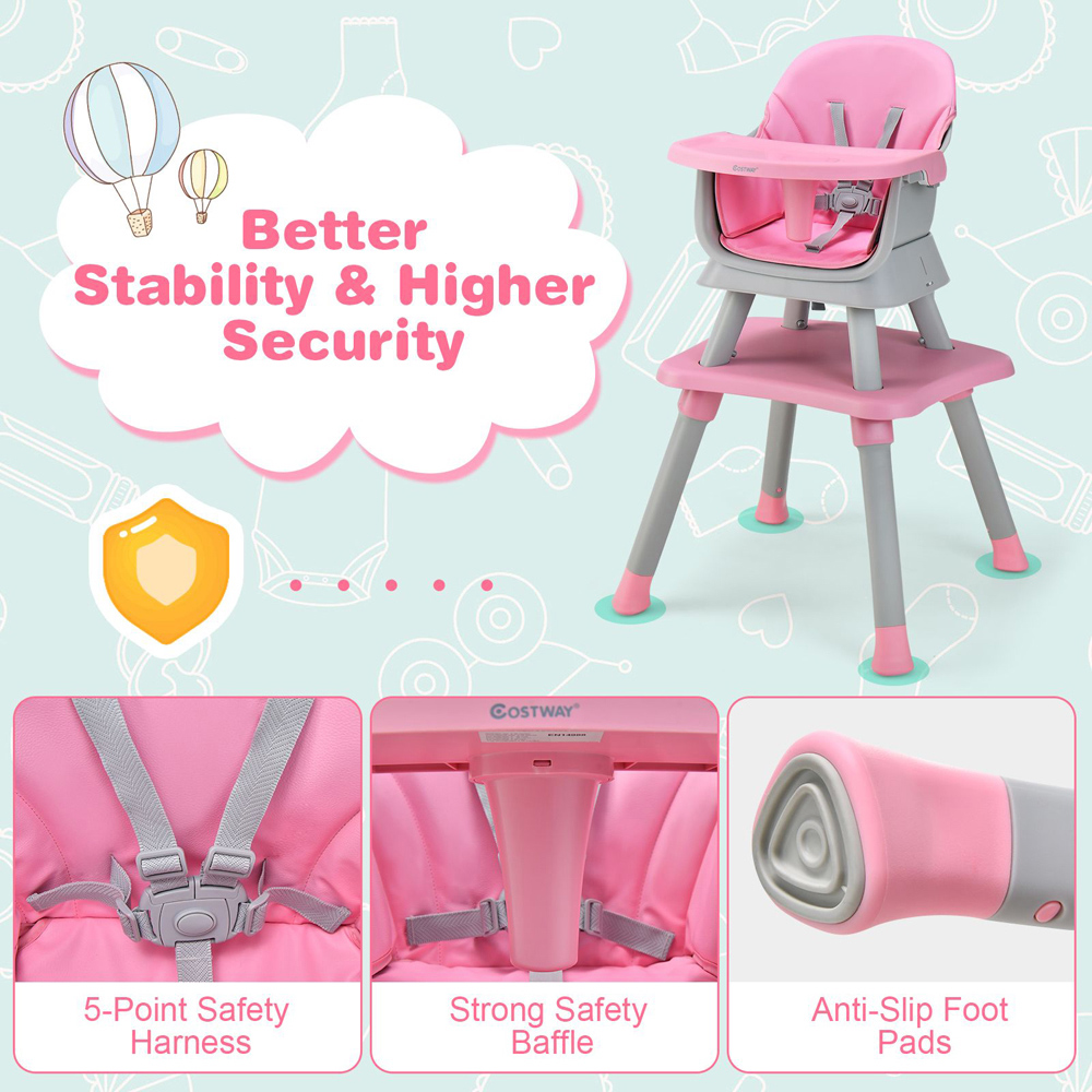 Costway Grey and Pink 6 in 1 Baby Highchair with Removable Tray Image 4