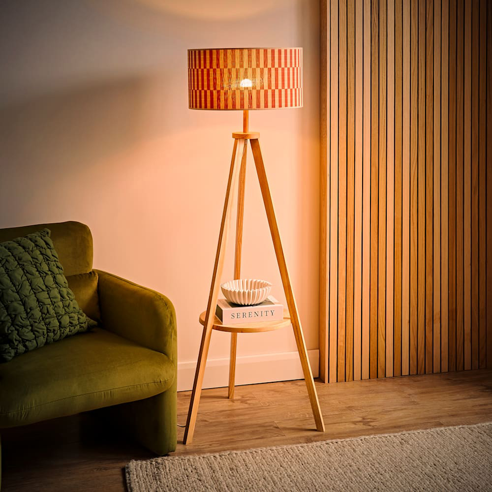 ValueLights Morrigan Orange Checkerboard Bamboo Shade Shelf Tripod LED Floor Lamp with Bulb Image 2