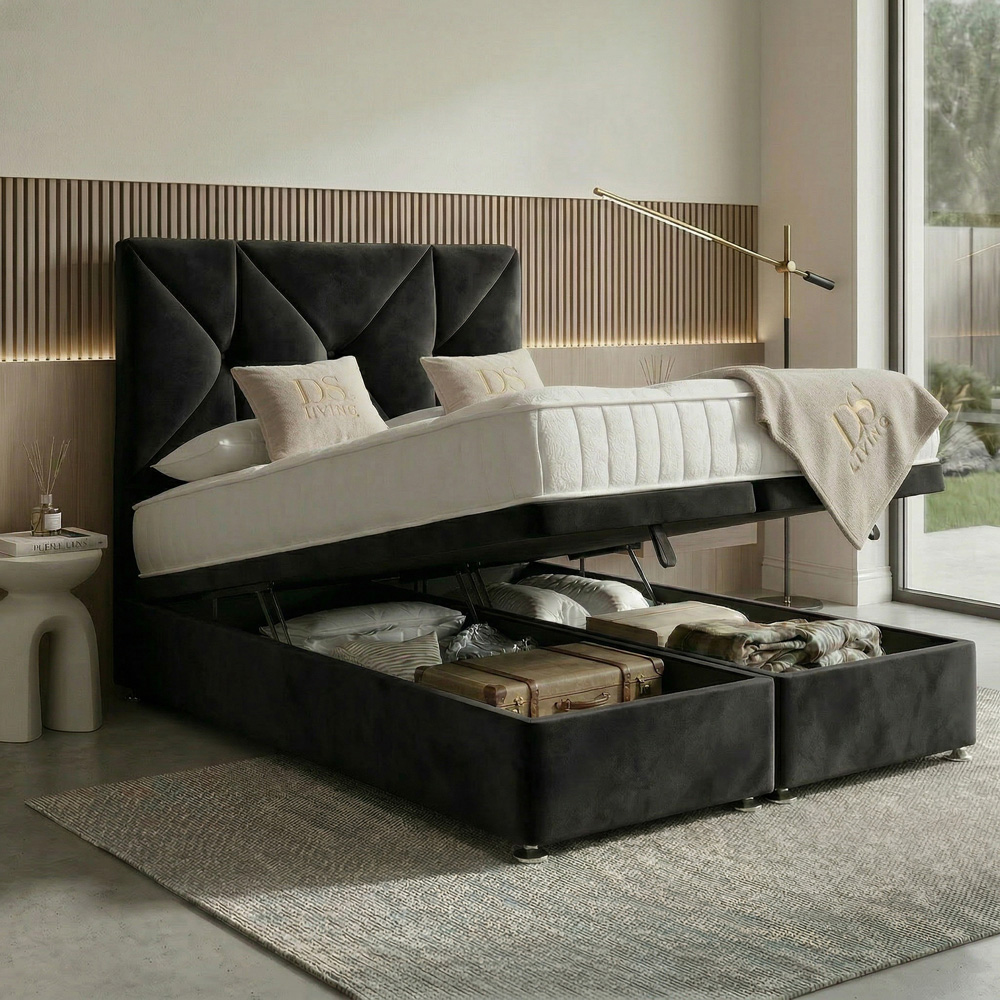 DS Living Eclipse Super King Size Black Plush Velvet Ottoman Bed Image 2