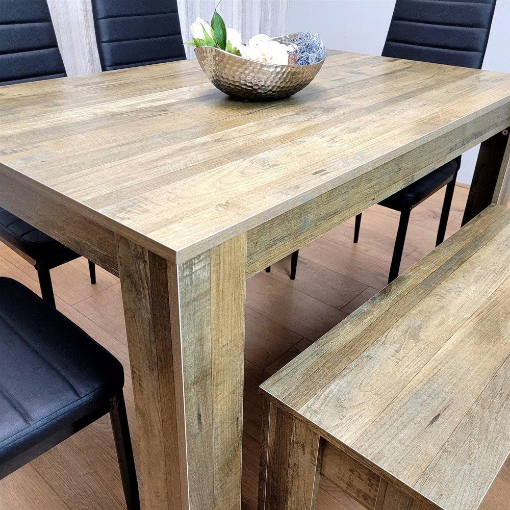 Portland 6 Seater Leather Dining Set Wood Effect and Black with Bench Image 5