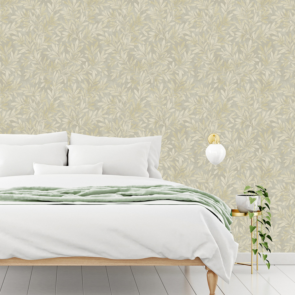 Grandeco Distressed Leaf Willow Trail Textured Neutral Wallpaper Image 2