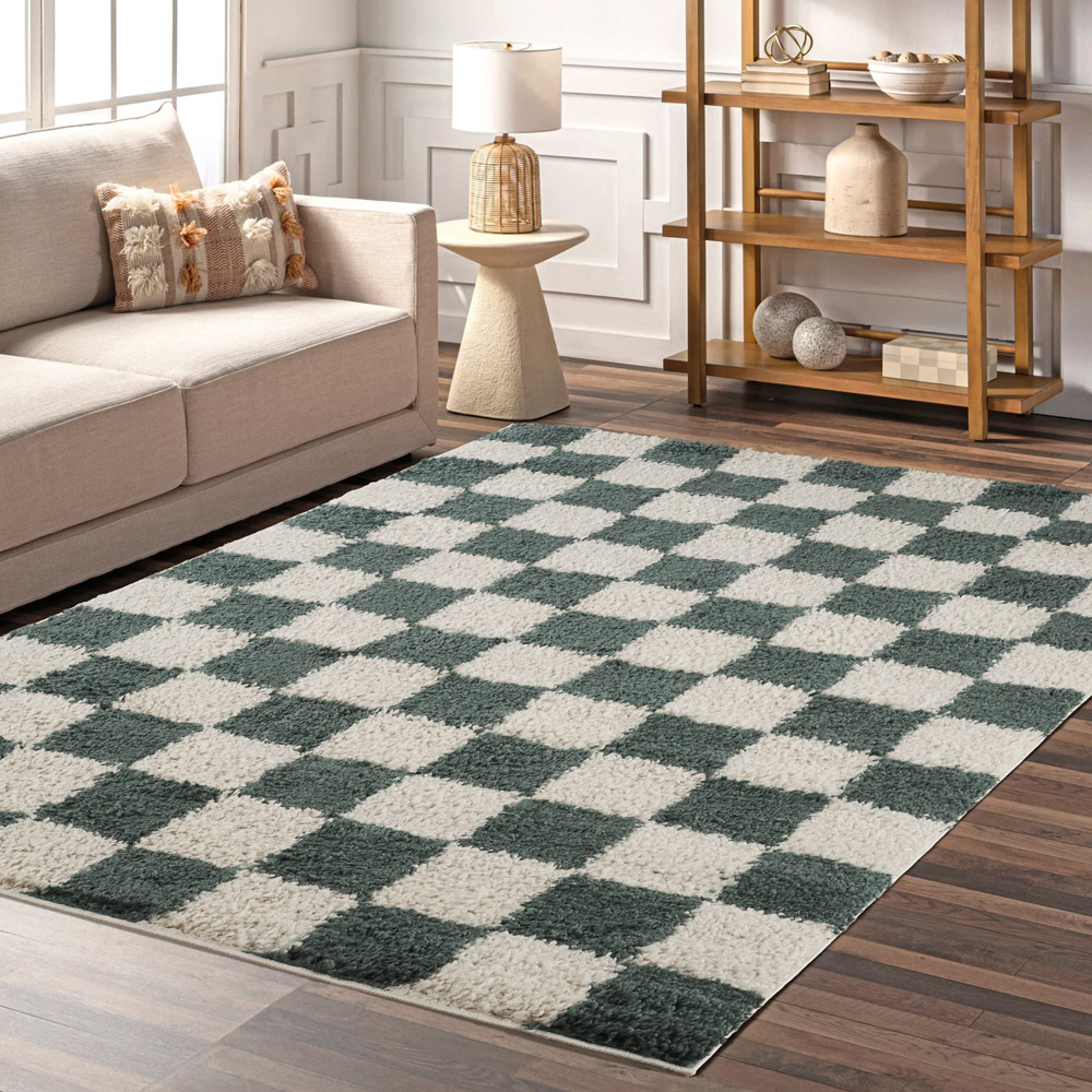Desire Rugs Chester Jade Green Shaggy Checkered Rug 60 x 220cm Image 7