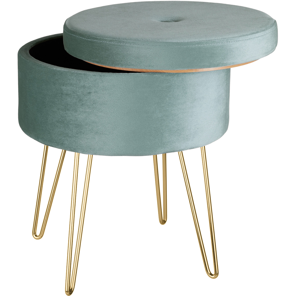 tectake Ava Turquoise Velvet Look Padded Round Stool with Storage Image 3