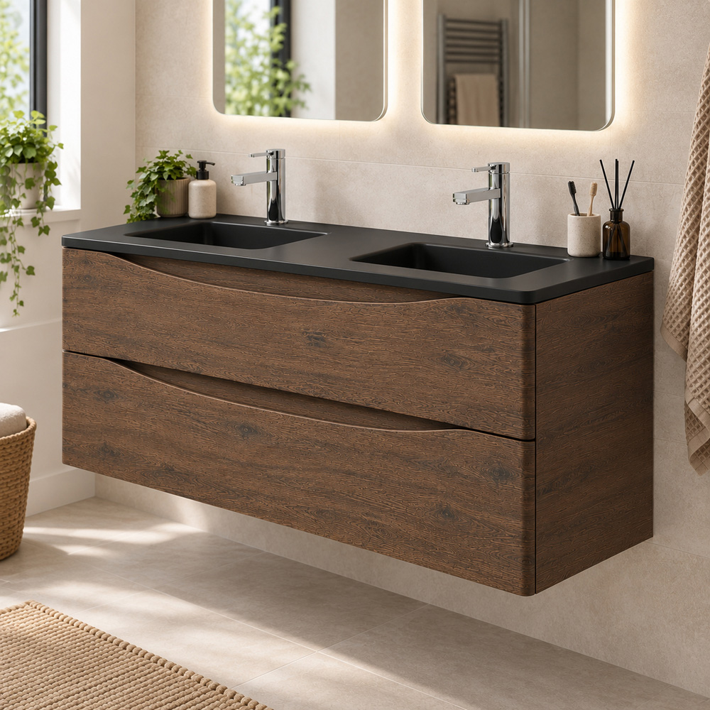 Go Bathrooms Erin 2 Drawer Rosewood and Grey Wall Hung Vanity Unit with Glass Basin 1200mm Image 4