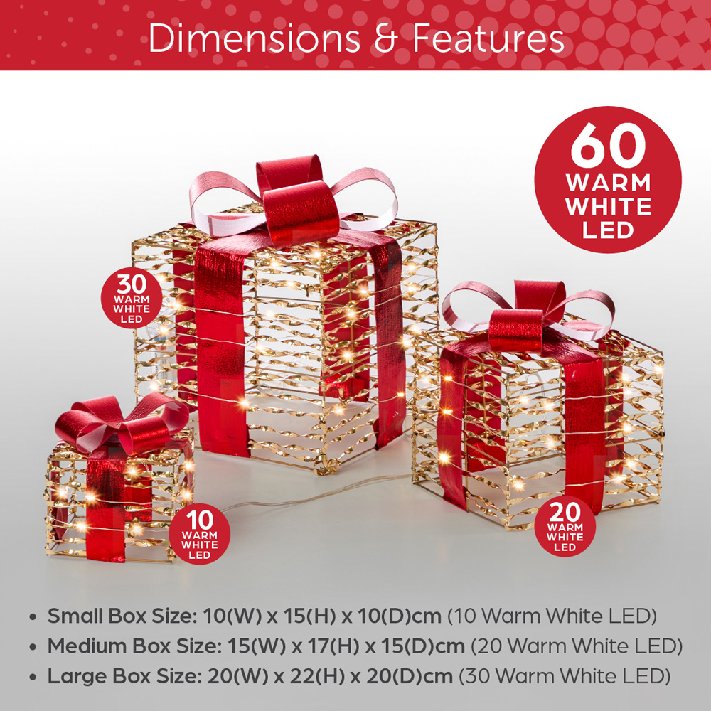 The Christmas Workshop 60 Warm White LED Gold and Red Gift Box Decoration Set of 3 Image 9
