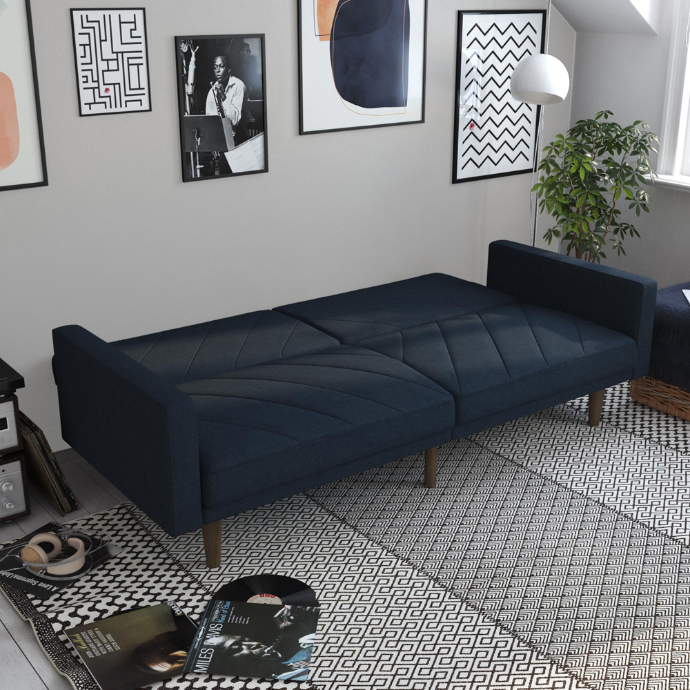 Dorel Paxson 3 Seater Linen Navy Blue Sofa Bed with Wooden Feet | Homebase